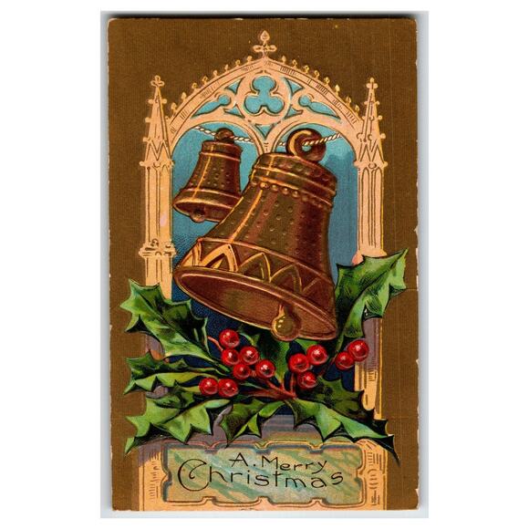 Christmas Postcard Other - Vintage Embossed Christmas Postcard with Bells and Holly